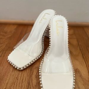 Lulus Pearl Studded White Vinyl Heel Sandals
